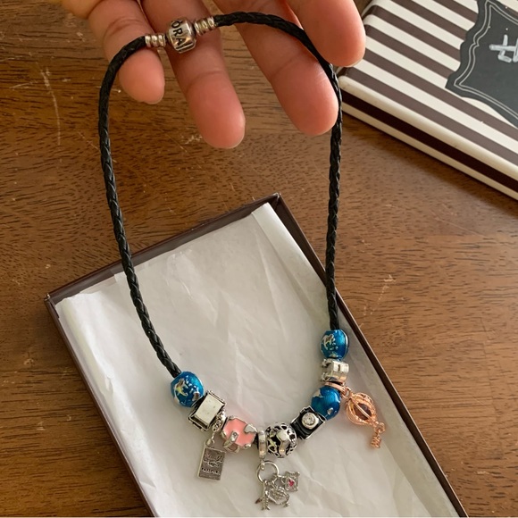 Pandora Leather Double Bracelet Necklace with World Traveler Theme Charms - Picture 3 of 8